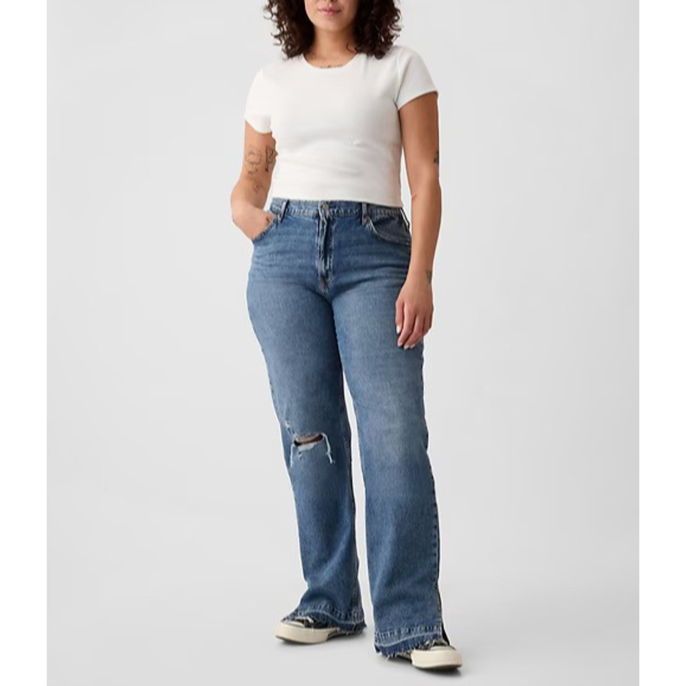 NWT Gap Mid Rise 90s Loose Jeans Split Hem Distressed Blue Denim Plus Size 33 16 - Picture 1 of 16